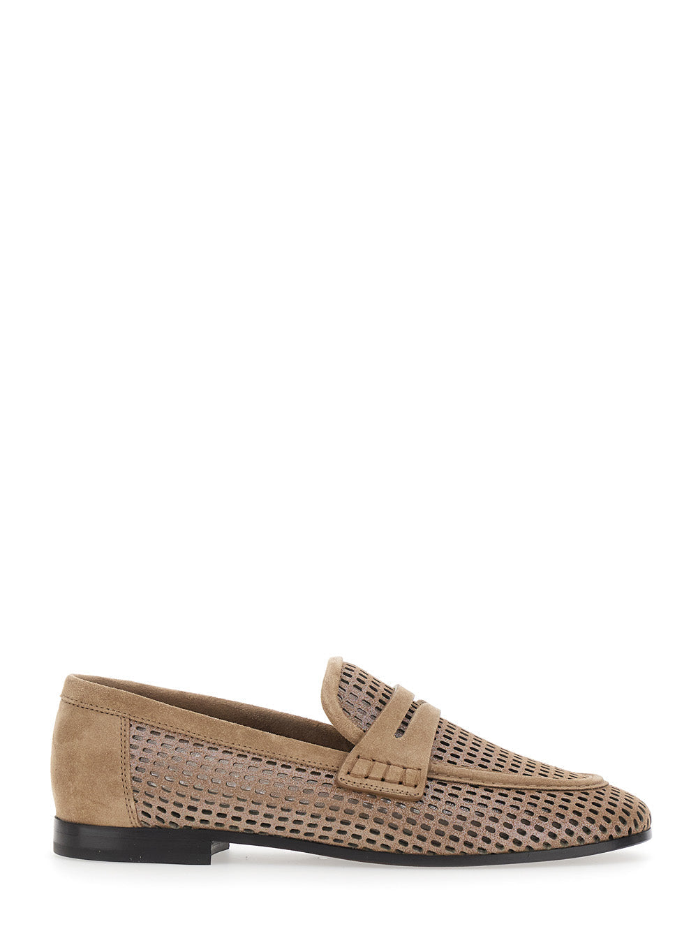 Beige Slip-On Loafers with Perforated Design In Leather for Women Calf