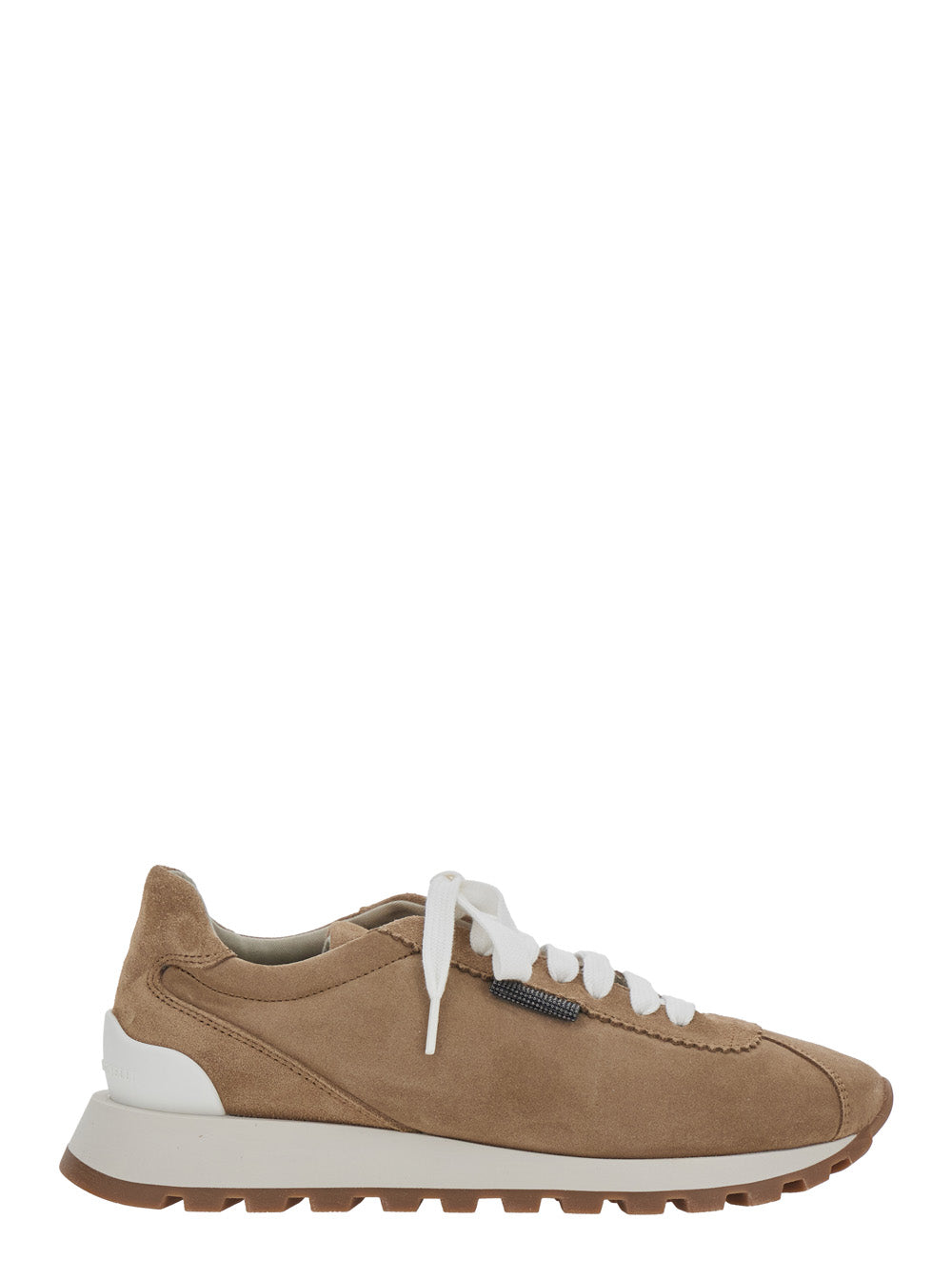 Low Top Sneaker with Monile Detail on the Side and Lettering Logo Tongue in Brown Suede for Women Calf