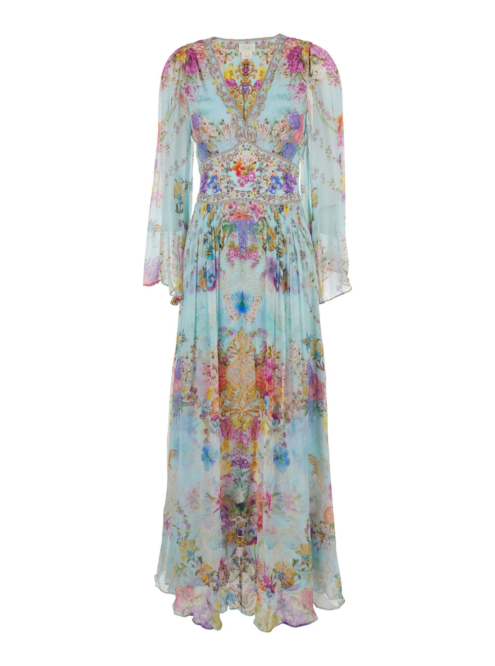 Multicolor Long Dress With V Neck And All-Over Floral Print Silk Woman - M