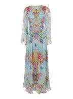 Multicolor Long Dress With V Neck And All-Over Floral Print Silk Woman - M