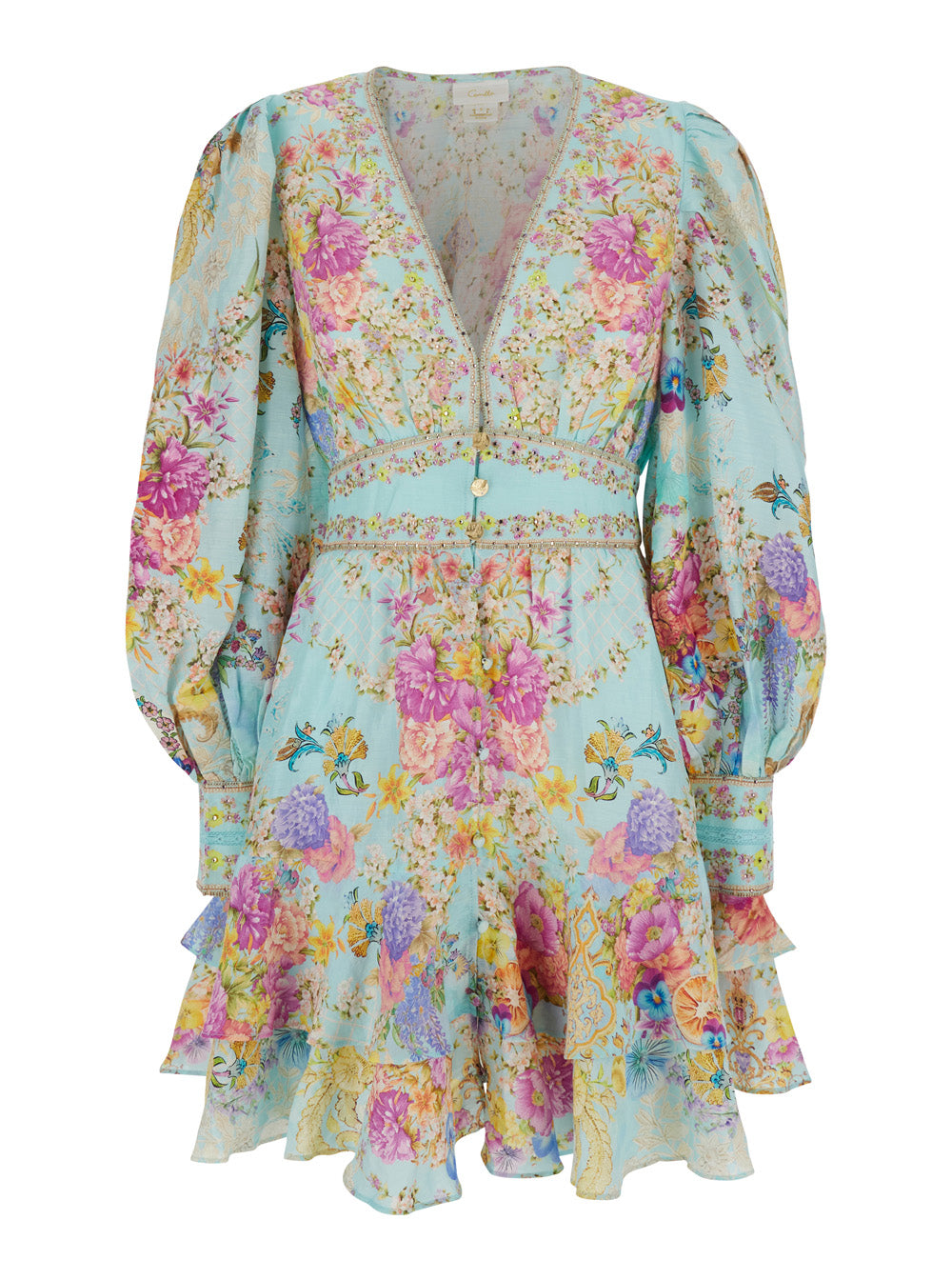 Dress with Long Balloon Sleeves Floral in Multicolor Linen Blend for Women Silk