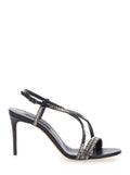 Josephine High Stiletto Heels Sandals with Crystal Decoration in Black Leather for Women Calf