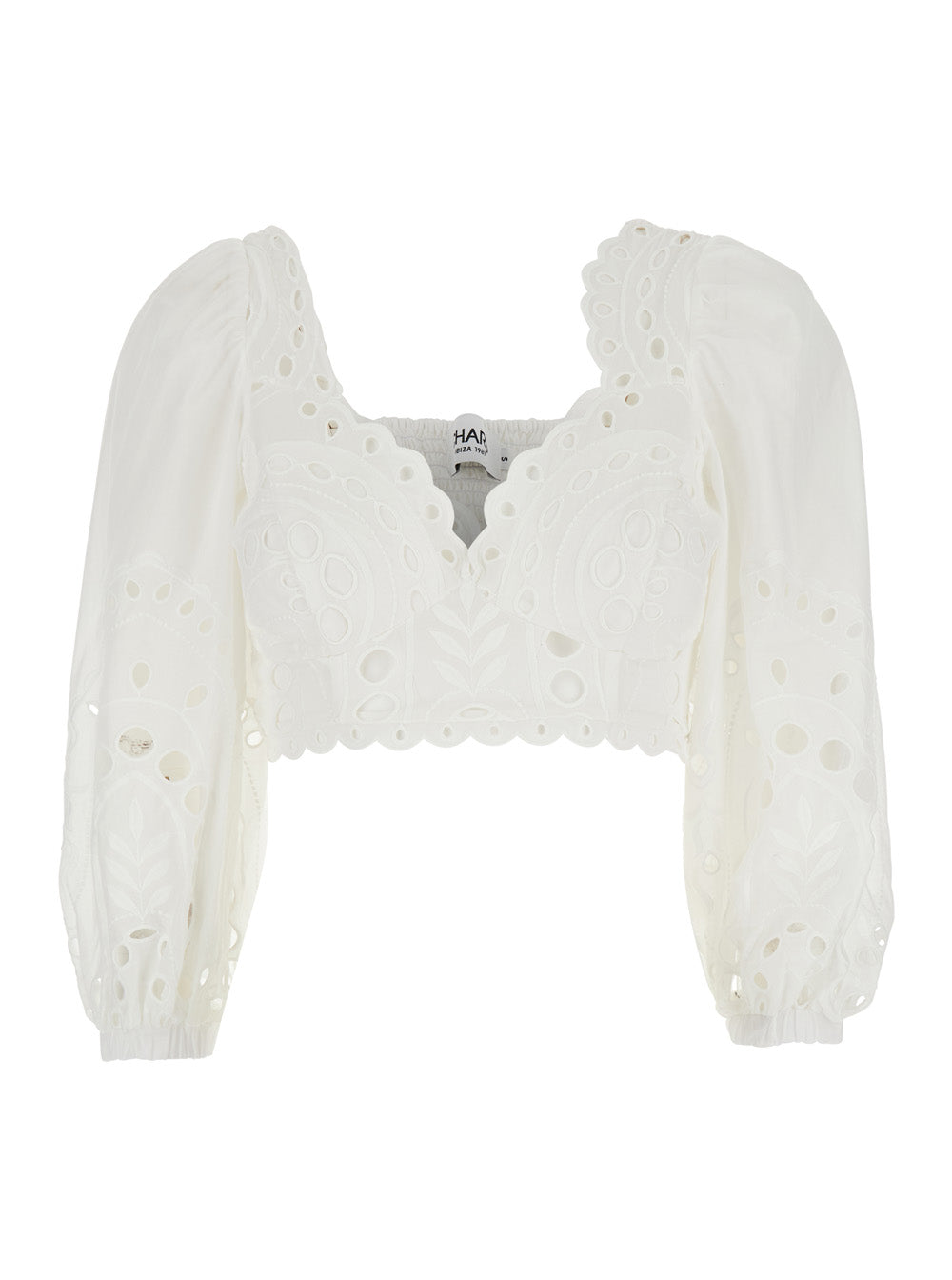 Top Luna with Deep Neckline and Intricate Embroidery in White Cotton Blend for Women Polyester Tops