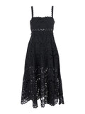 Long Glimmer Dress with Thin Straps and Scalloped Edges in Black Cotton Blend for Women Polyester