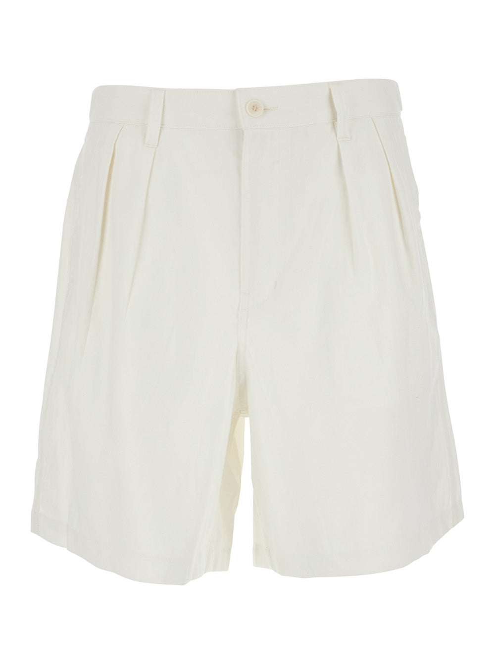 White Shorts With Front Pleats In Linen Blend Man Polyester Cotton Rayon And Bermuda
