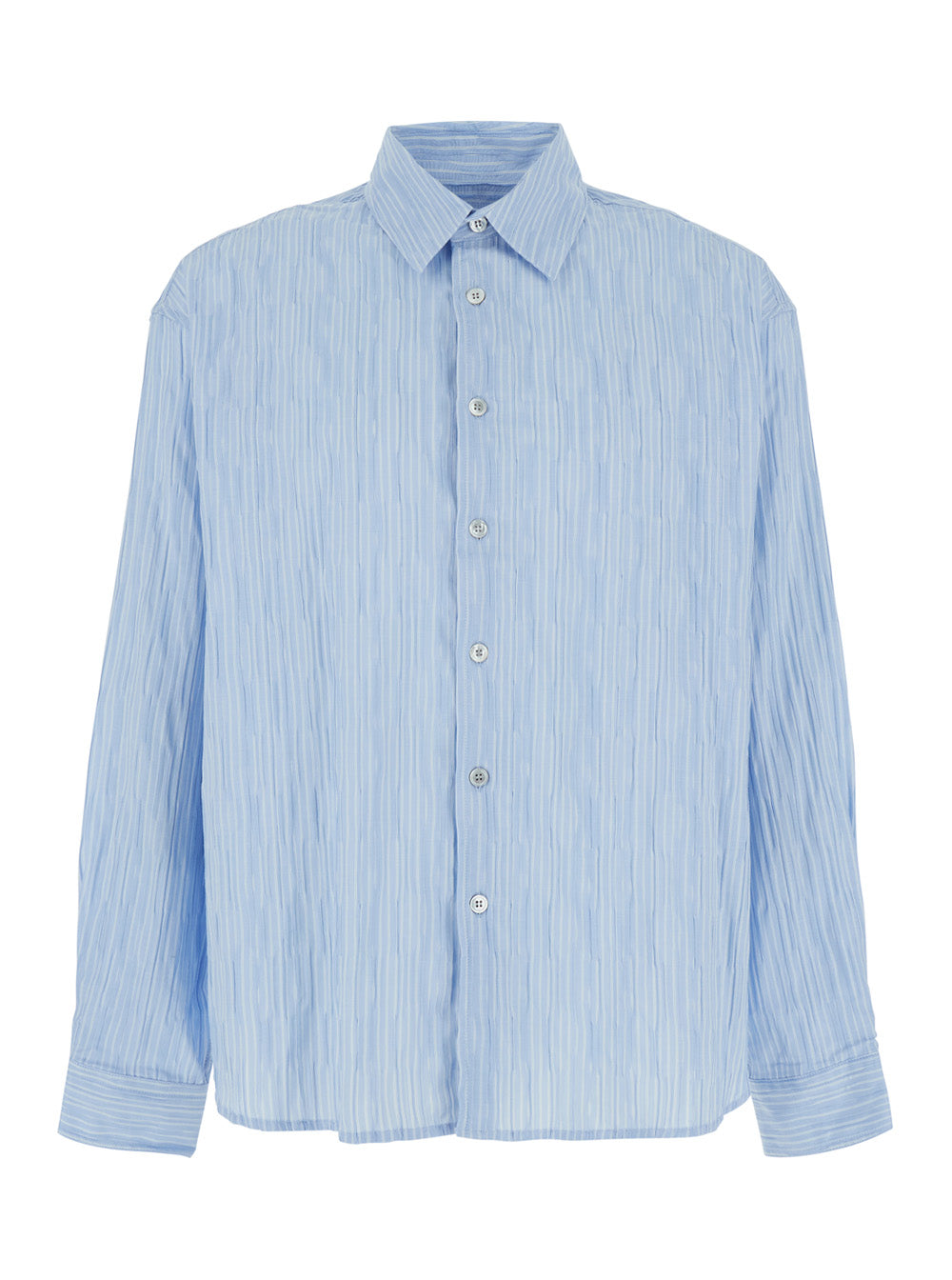 Shirt Semi-Overfit Wrinkle Stripe Blue Striped With Classic Collar And Long Sleeves Cotton For Women Blu Nylon Polyurethane Blouses