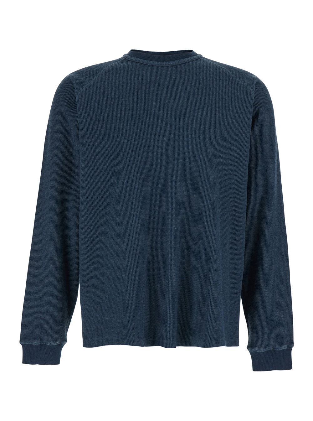 Blue T-Shirt Garment Dying Waffle Raglan Long Sleeve With Sleeves And Round Neck Cotton For Men Blu Jersey