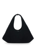 Folded Black Shoulder Bag With Top Handle And Logo Lettering On The Front Suede Woman
