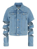 Cut-Out Blue Jacket with Classic Collar and Spiral Sleeves Womens Denim Light Organic Cotton Outerwear
