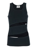 Sleeveless Top with Spiral Cut-Out Design and Logo Embroidery on the Front in Black Cotton for Women Organic Tops