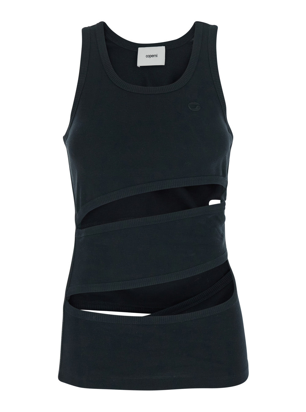 Sleeveless Top with Spiral Cut-Out Design and Logo Embroidery on the Front in Black Cotton for Women Organic Tops