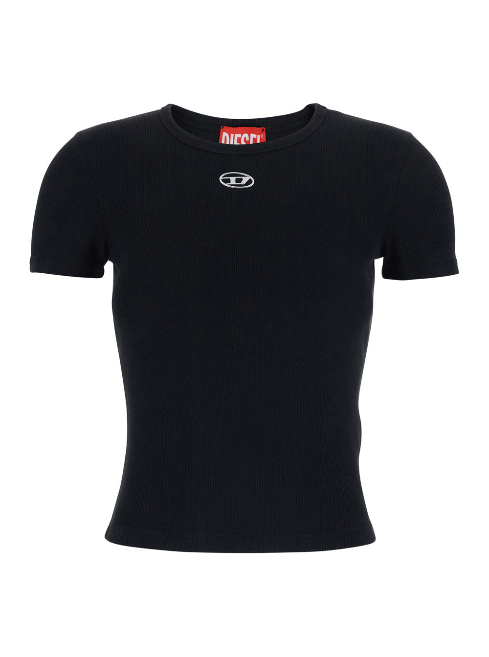 Black T-Shirt With Dlogo Applied On The Front Cotton Woman Elastane Tshirts And Polo Shirts