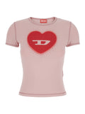 Round Neck T-Shirt with Front Print and Bead Details in Pink Cotton for Women Elastane Tshirts Polo Shirts