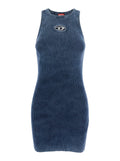 Sleeveless Crew Neck Dress with Cut-Out and Logo on the Front in Blue Ribbed Cotton for Women Blu
