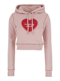 Crop Hoodie with Drawstring and Rhinestone Heart on the Front in Pink Cotton for Women Sweatshirts