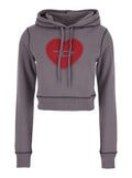 Gray Crop Hoodie with Drawstring and Rhinestone Heart on the Front in Cotton for Women Grey Sweatshirts
