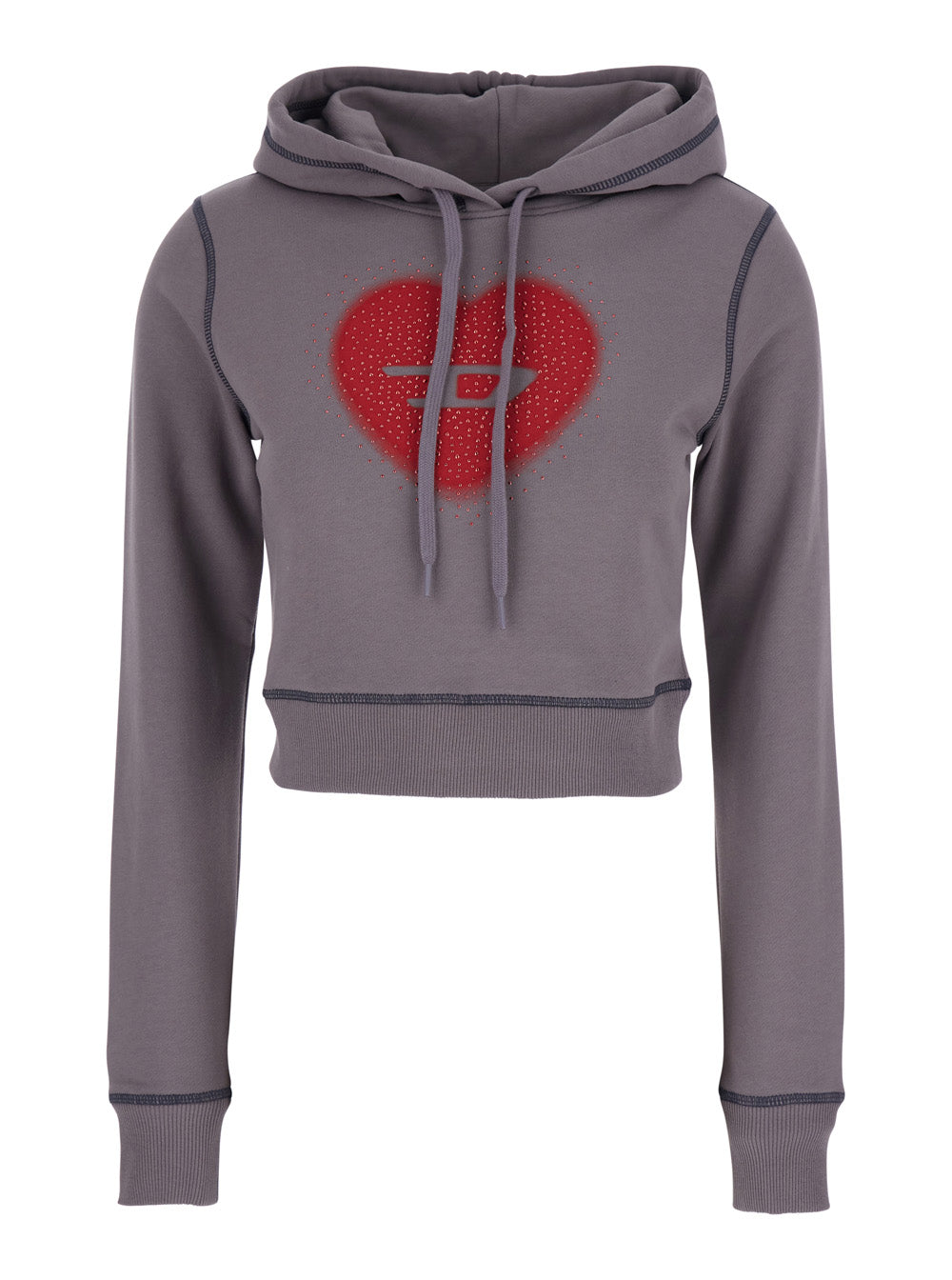 Gray Crop Hoodie with Drawstring and Rhinestone Heart on the Front in Cotton for Women Grey Sweatshirts