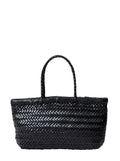 Shoulder Bag Flat Gora Mini with Two Top Handles and Woven Design in Black Leather for Women Hand