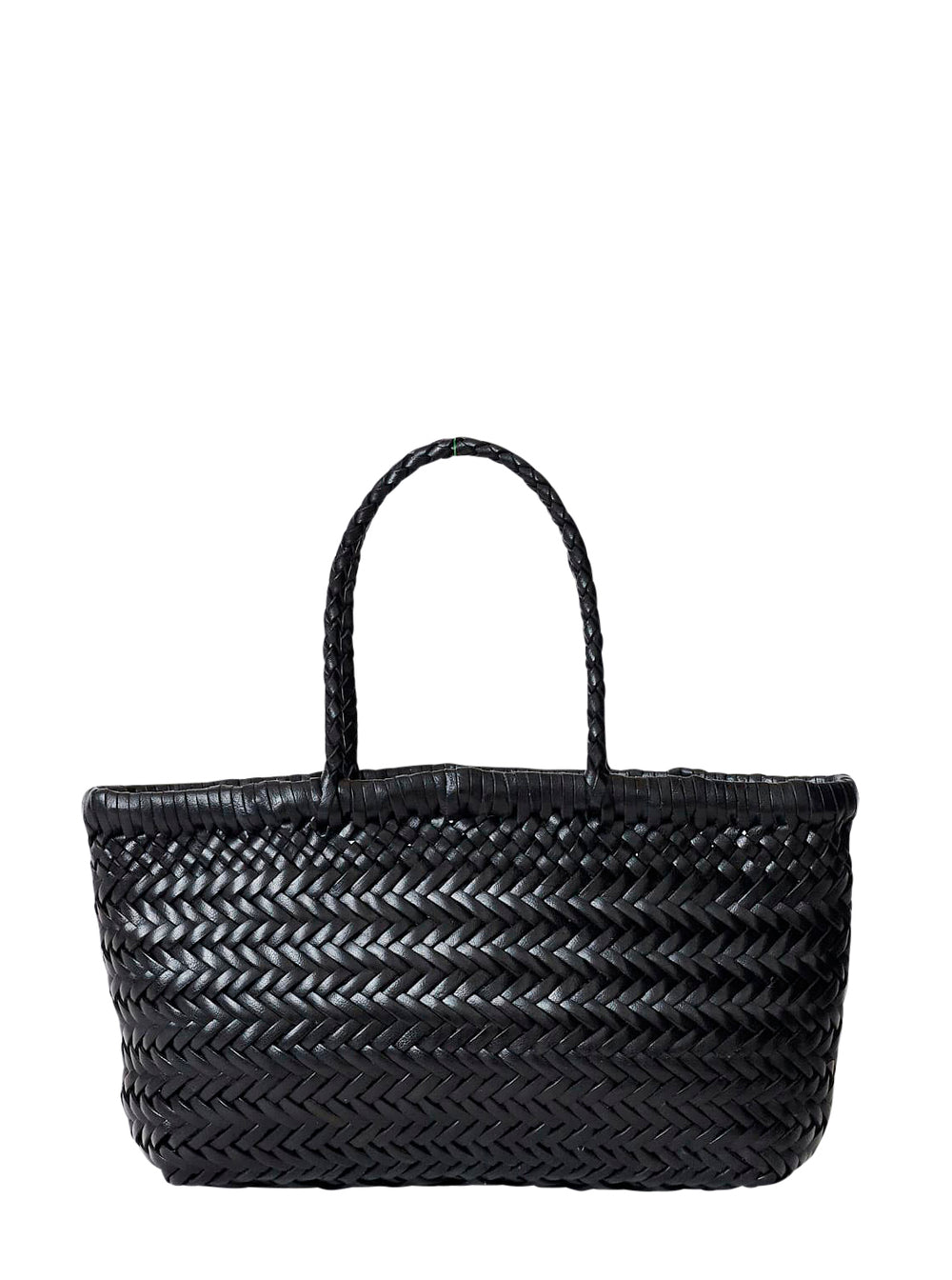 Shoulder Bag Flat Gora Mini with Two Top Handles and Woven Design in Black Leather for Women Hand