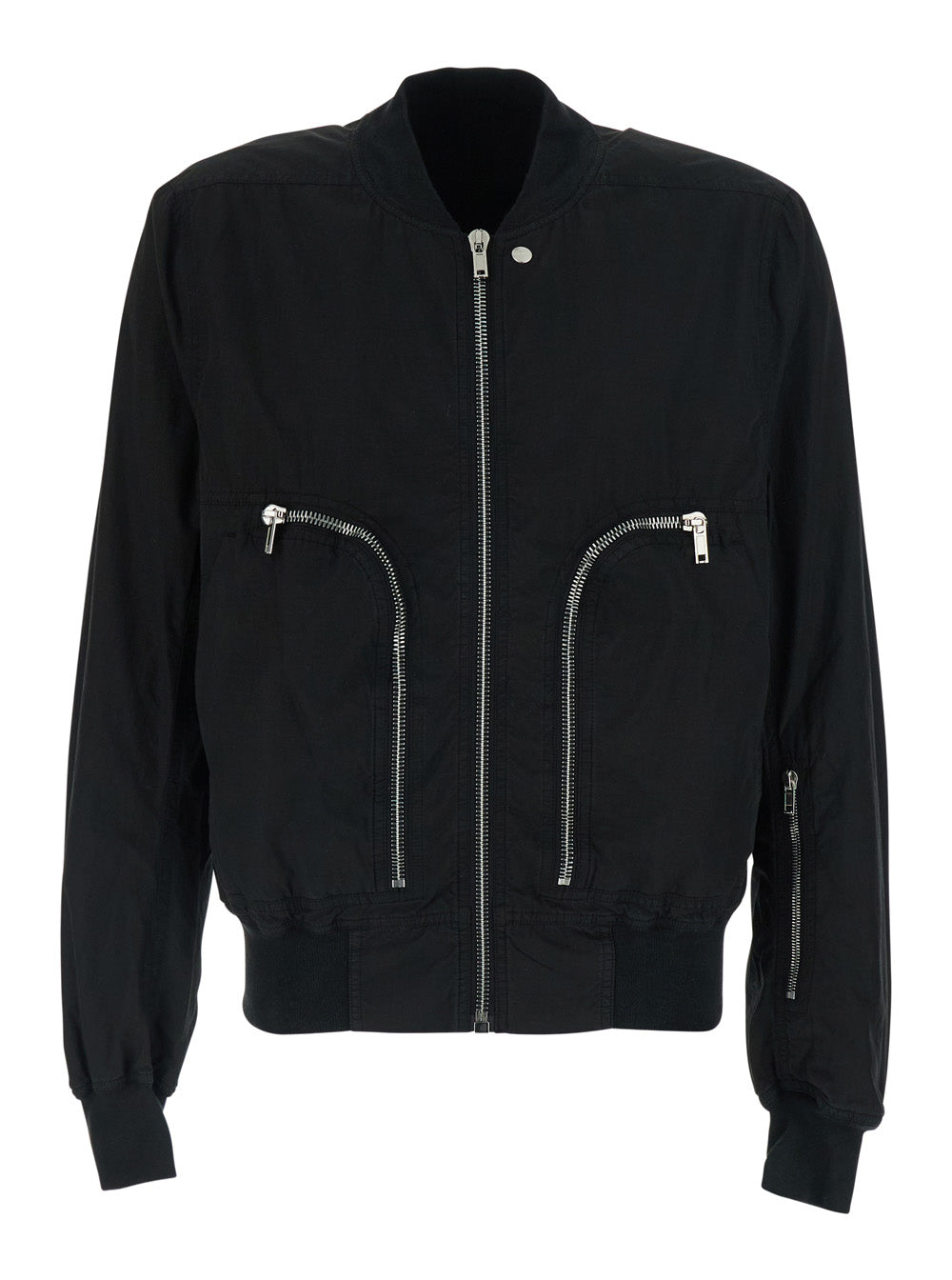 Black Bomber Jacket With Collar And Zip Pockets On The Front Cotton For Men