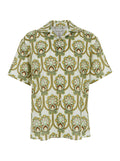 Green Floral Bowling Shirt with Cuban Collar and All-Over Print in Linen Blend for Men Cotton Blouses