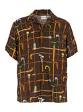 La Chemise Cannes Brown Bowling Shirt With Cuban Collar And All-Over Print Viscose For Men Blouses