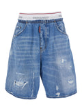 Logo Elastic Denim Shorts Blue With Waist And Front In Cotton For Men Blu Bermuda