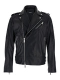 Black Leather Jacket with Three Zip Pockets for Men Outerwear