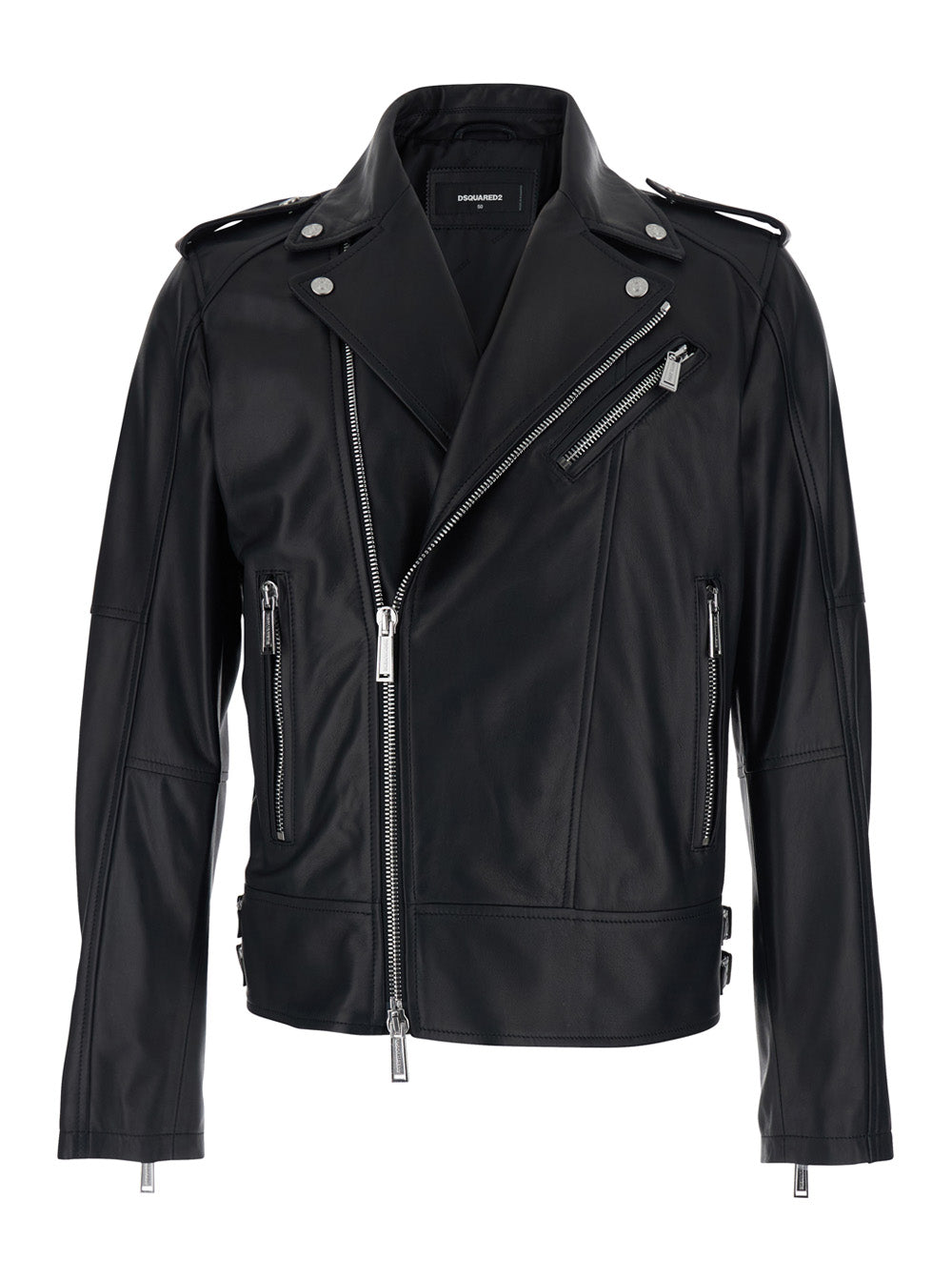Black Leather Jacket with Three Zip Pockets for Men Outerwear