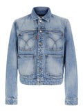 Mens 70s Jacket with Classic Collar and Four Front Pockets in Light Blue Denim Cotton Outerwear