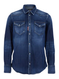Classic Collar Shirt with Two Front Pockets in Blue Denim for Men Blu Cotton Elastane And Blouses