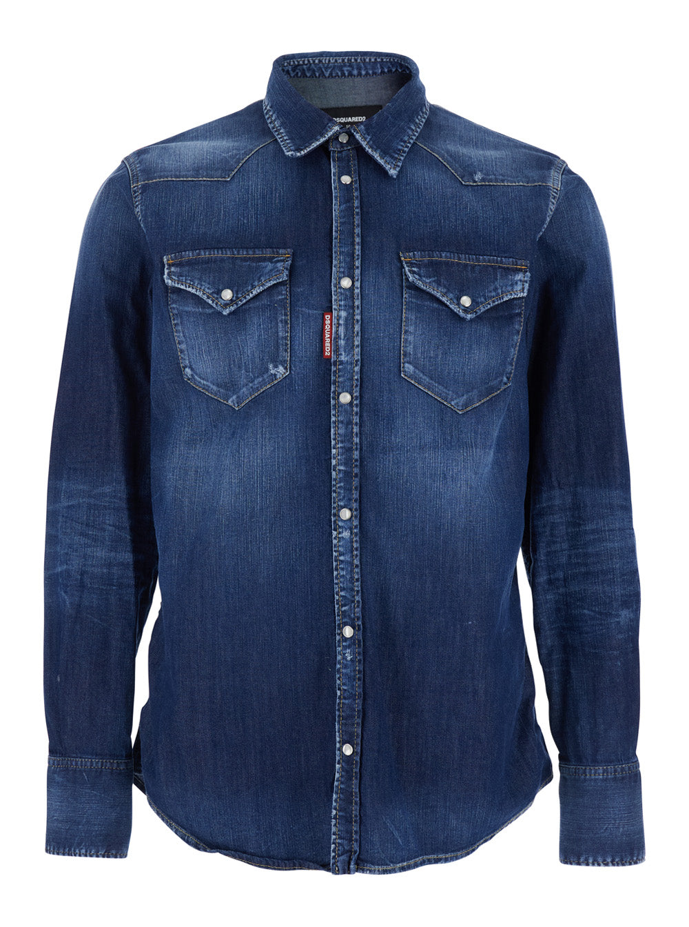 Classic Collar Shirt with Two Front Pockets in Blue Denim for Men Blu Cotton Elastane And Blouses