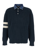 Sweater with Denim Collar and Logo Embroidery on Front in Blue Cotton Blend for Men Blu Polyamide Jersey