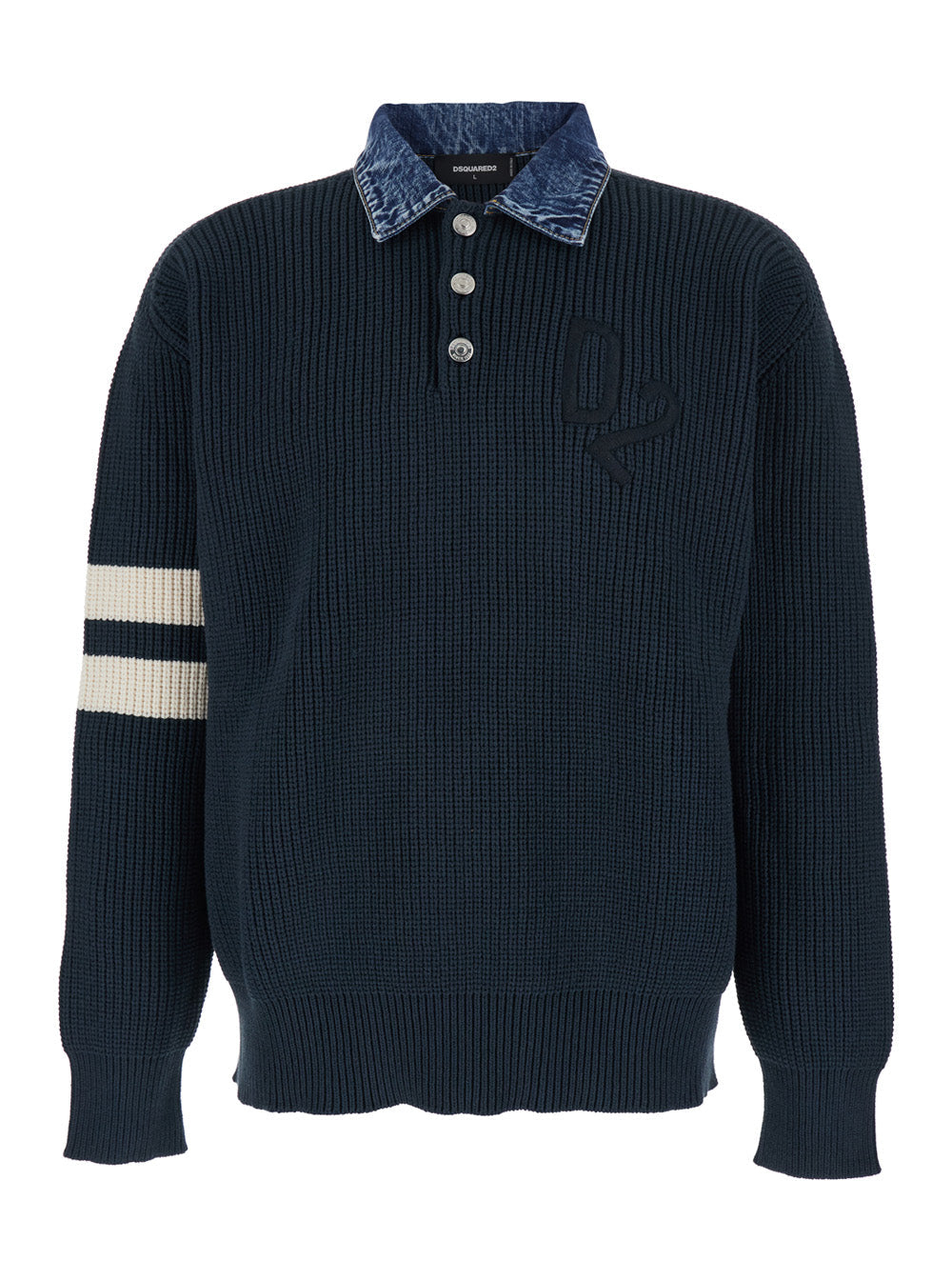 Sweater with Denim Collar and Logo Embroidery on Front in Blue Cotton Blend for Men Blu Polyamide Jersey