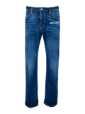 Blue Denim Jeans with Ripped Details and Logo Patch on the Back for Men Blu Cotton Polyester Elastane