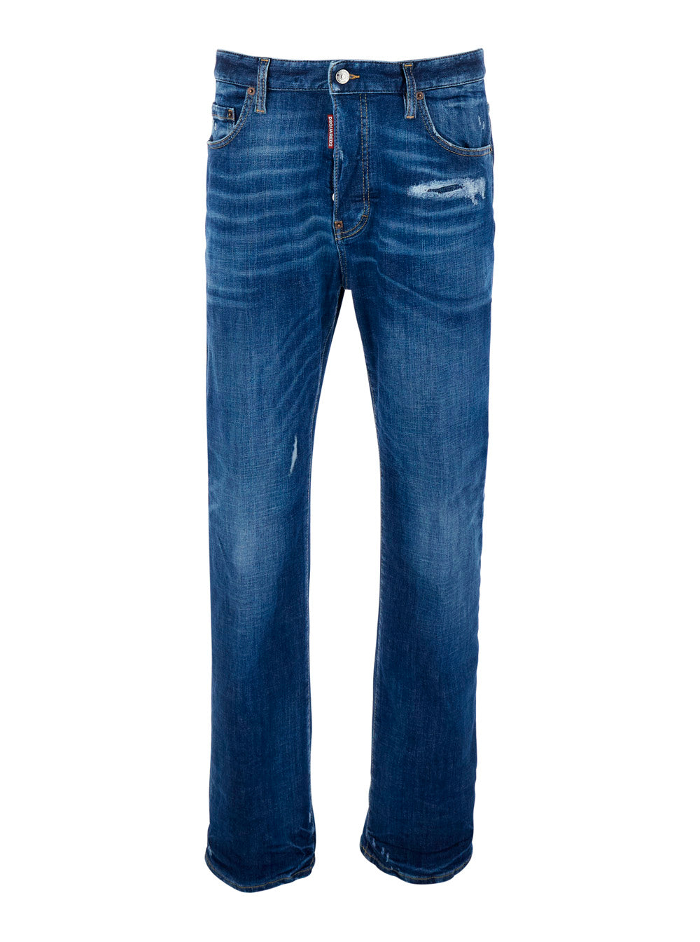 Blue Denim Jeans with Ripped Details and Logo Patch on the Back for Men Blu Cotton Polyester Elastane