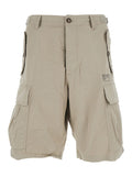 Beige Shorts with Wide Leg and Four Pockets Flap Button in Stretch Cotton for Men Elastane Bermuda