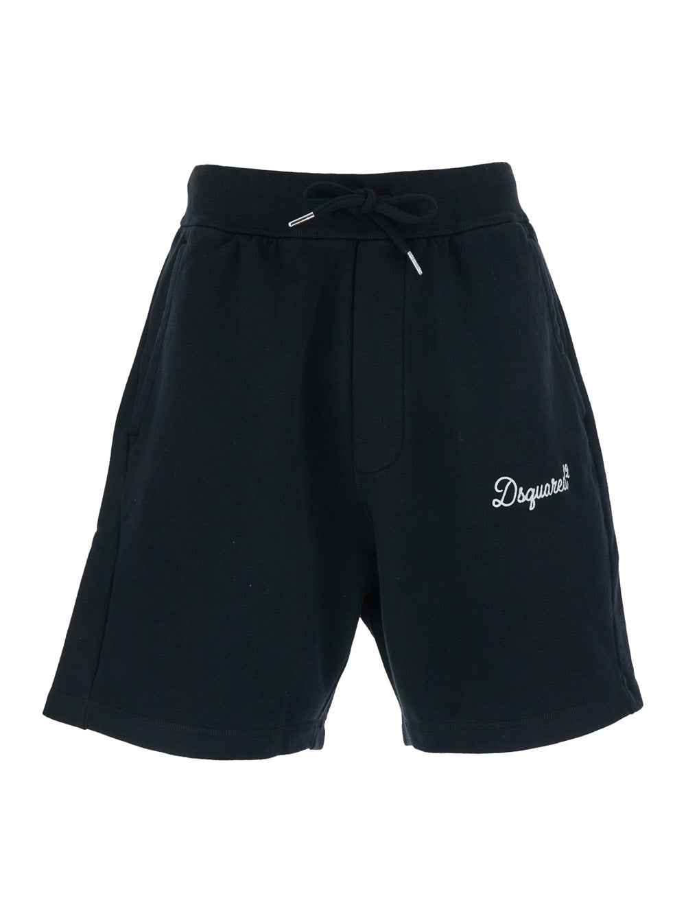 Mens Logo Shorts with Drawstring Waist and Front Lettering in Black Cotton Bermuda