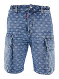 Mens Blue Denim Five-Pocket Shorts with All-Over Monogram Logo and Two Cargo Pockets Blu Cotton Bermuda