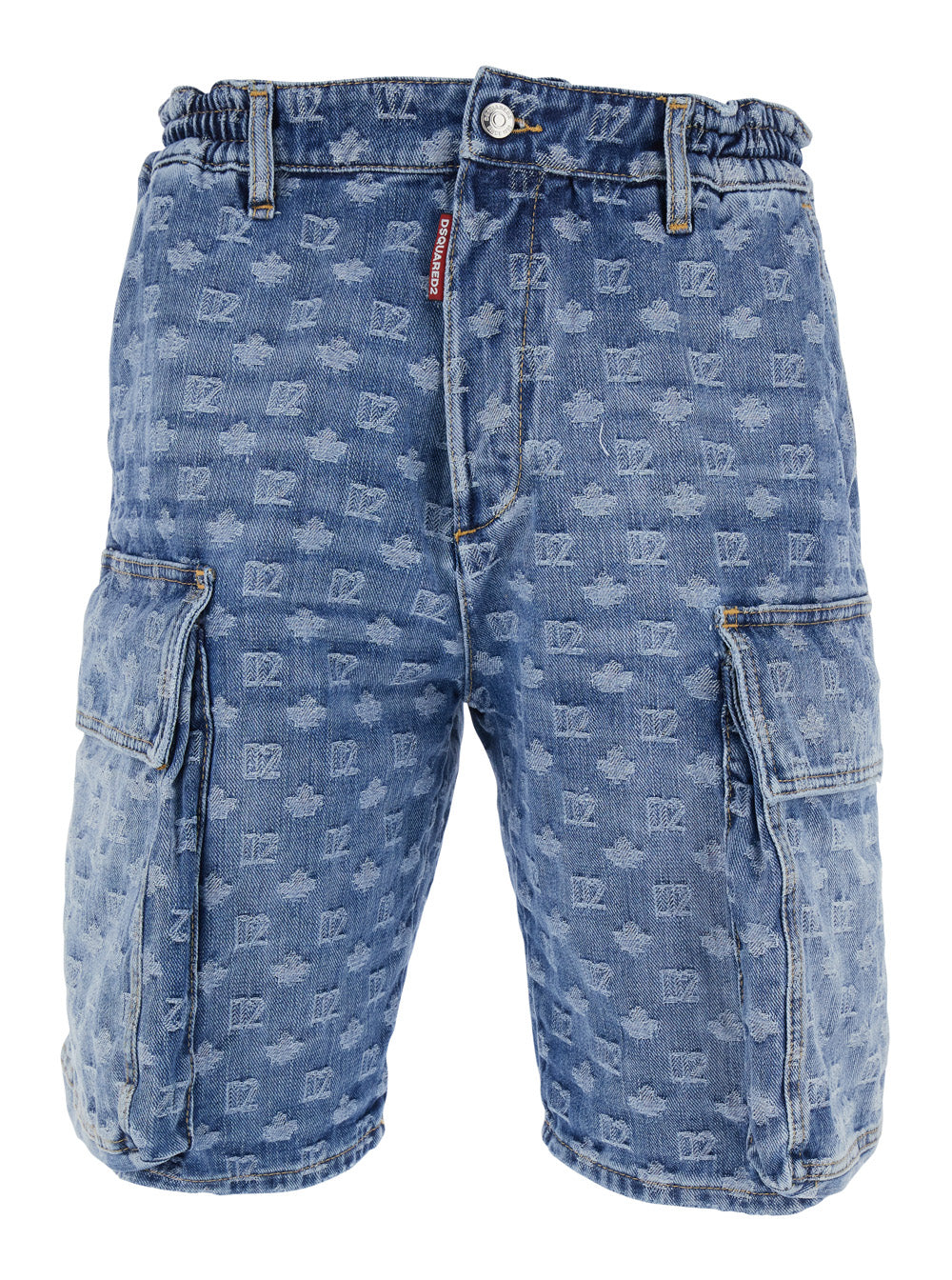 Mens Blue Denim Five-Pocket Shorts with All-Over Monogram Logo and Two Cargo Pockets Blu Cotton Bermuda