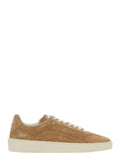 Beige Suede Low Top Sneakers with Logo Patch on Tongue and Lettering Heel for Men Calf