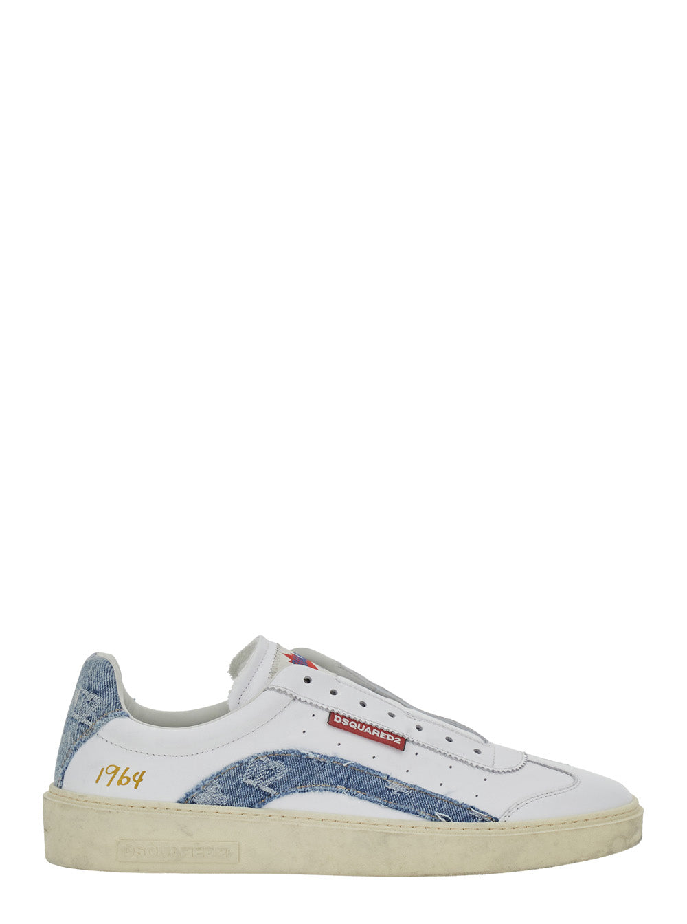 Low Top Sneaker DSQUARED2 with Denim Inserts and Worn Leather Design for Men White Calf Polyamide