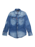 Blue Shirt with Classic Collar and Logo Patch on the Front in Denim for Kids Blu Cotton Elastane Blouses