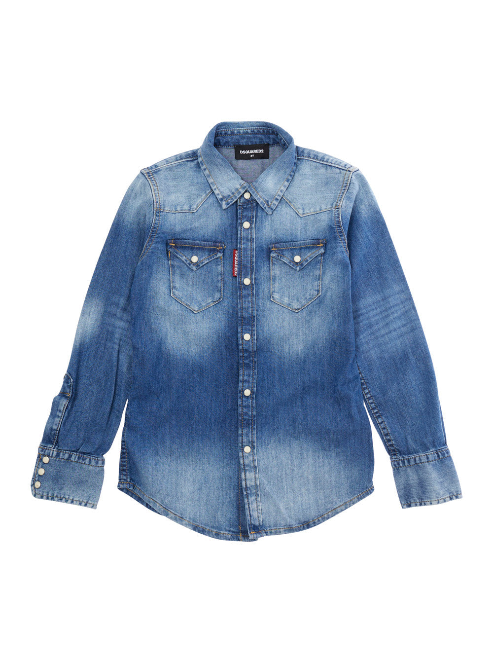 Blue Shirt with Classic Collar and Logo Patch on the Front in Denim for Kids Blu Cotton Elastane Blouses
