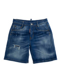 Blue Shorts with Ripped Details and Logo Patch on the Back in Denim Kids Blu Cotton Elastane Bermuda