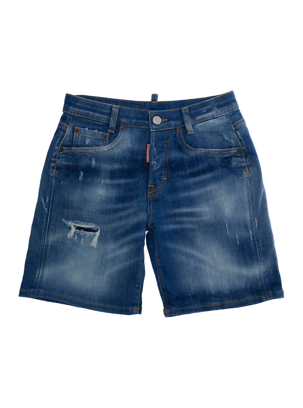 Blue Shorts with Ripped Details and Logo Patch on the Back in Denim Kids Blu Cotton Elastane Bermuda