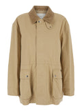 Beige Cotton Ribbed Collar Jacket for Women Nylon Outerwear