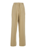 Beige Front Pleated Trousers for Women Cotton Nylon
