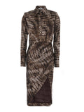 Long Dress AB89261E2644 with Classic Collar and All-Over Print in Brown Stretch Viscose for Women Elastane