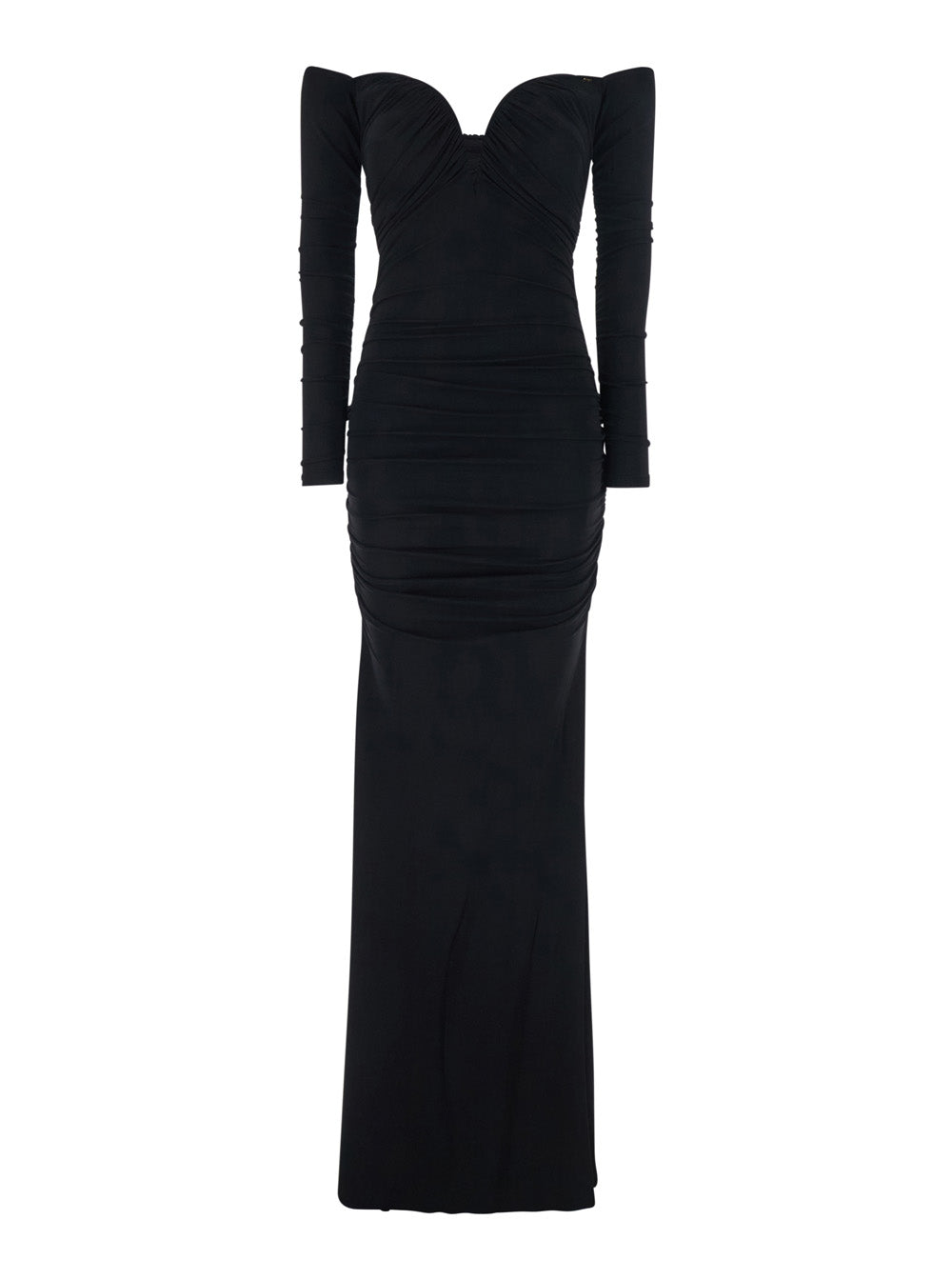 Off Shoulder Dress with Ruffles in Black Stretch Viscose for Women Elastane Long
